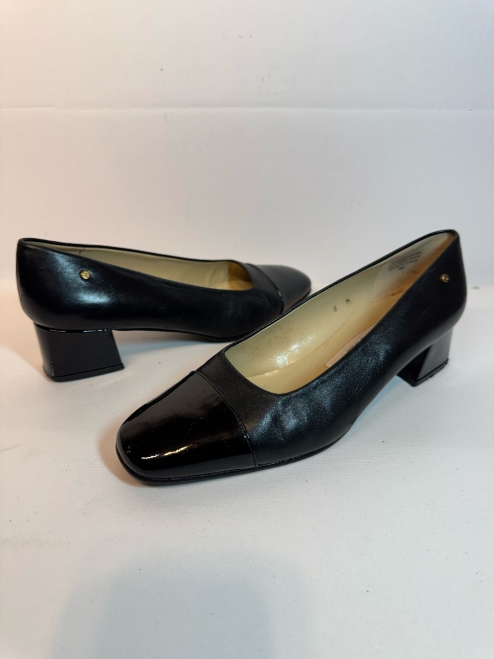 Etienne Aigner Black Leather Patent Cap Toe Pumps Block Heel Size 8M